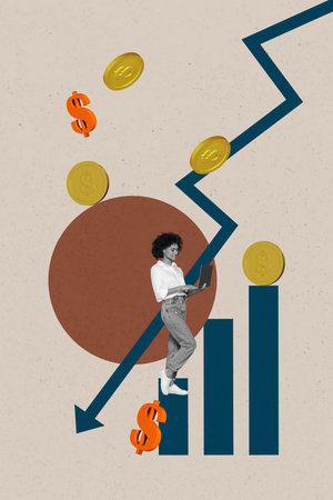 Pop vertical photo collage of inexperienced businesswoman businessman stand arrow decline dollar loss crisis inflation coin crackの写真素材