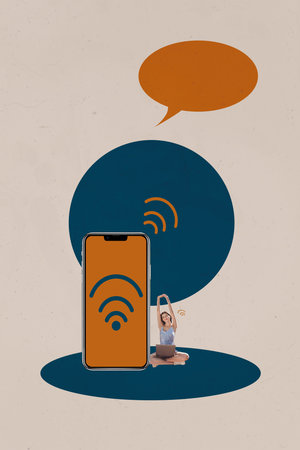 Collage Showing Smartphone laptop Wifi Icons Symbolizing Internet Connection Social Media Freelance Bloggingの写真素材