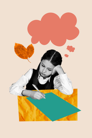 Poster image artwork banner collage of minded schoolgirl write paper pen note exam homework dry foliage autumn season schoolの写真素材