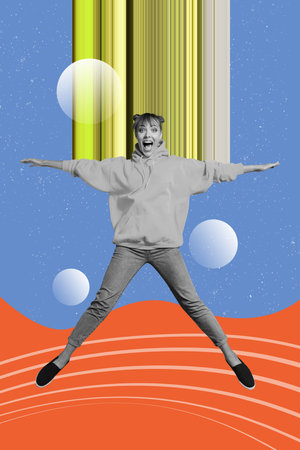 Trend mockup collage of person stand jump on blue background with flowing geonetry lines light roundの写真素材