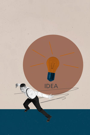 3d image sketch pop artwork collage of happy businesswoman businessman stand light bulb idea power development career progressの写真素材