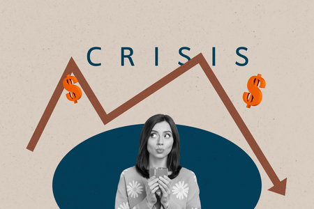 Composite image collage of inexperienced businesswoman businessman stand arrow decline dollar loss crisis inflation coinの写真素材