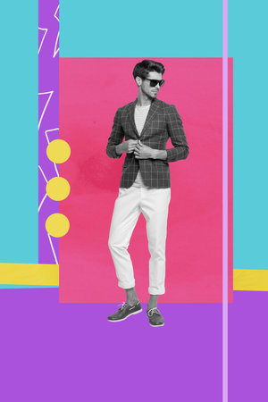 Banner image poster art collage of happy girl guy dance weekend party chill entertainment success occasion celebrate holidayの写真素材