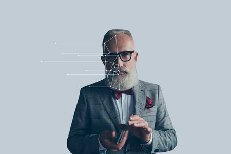 Trend artwork banner 3D photo collage of aged man posing hold cards virtual system authorization online banking protection face maskの写真素材