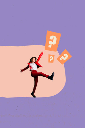 Collage of woman man person with question marks floating around symbolizing doubt decision making...