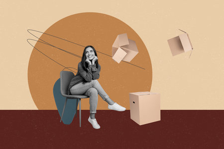 Trendy art creative full zine photo collage of happy girl guy stand box delivery service geolocation icon fast import distributionの写真素材