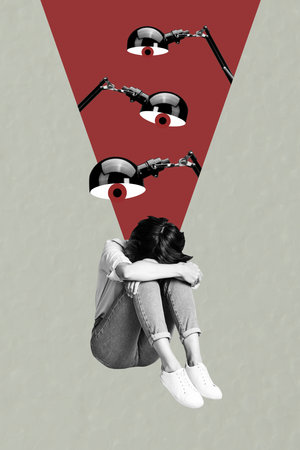 Composite zine pop trend collage of upset girl sit lamp ray eyeball stare control freemason bullying tension problem hateの写真素材