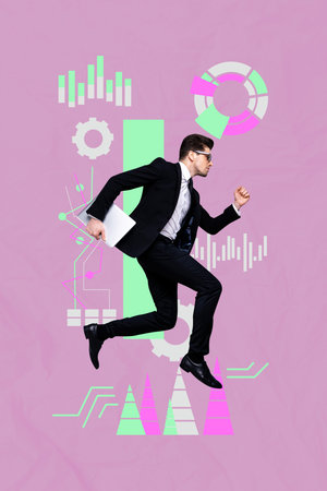 Vertical pop poster banner collage of happy businessman businesswoman stand megaphone graph diagram progress economy conceptの写真素材