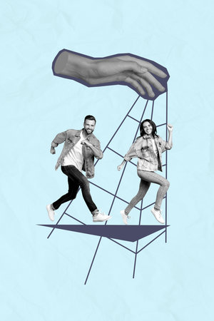 Image zine sketch 3d collage poster of girl guy hang rope marionette exploitation hand control toy puppet manipulation workloadの写真素材