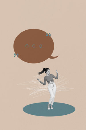 Vertical 3d poster art collage of happy girl guy stand bubble communication chatterbox speech scribble dialogue conversationの写真素材