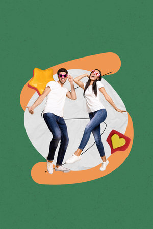 Creative surreal collage of person stand dance on green background with star like reactionの写真素材