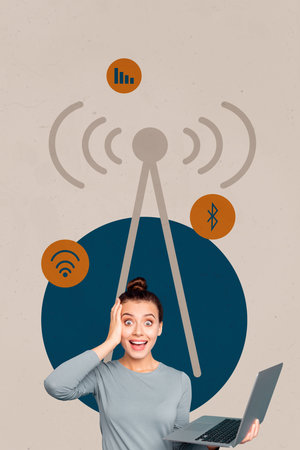 Collage Showing Smartphone laptop Wifi Icons Symbolizing Internet Connection Social Media Freelance Bloggingの写真素材