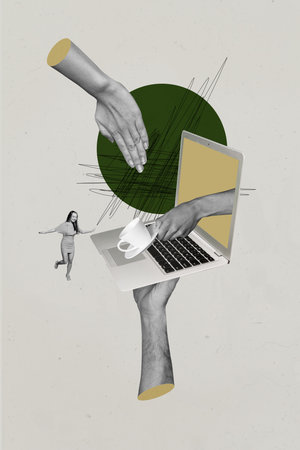 Vertical 3d art pop image collage of hands hold laptop device businessman businesswoman freelancer development career goalの写真素材