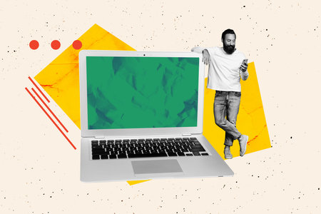 Trend artwork creative sketch photo collage of young man stand huge size laptop hold smartphone computer device online virtual programmerの写真素材