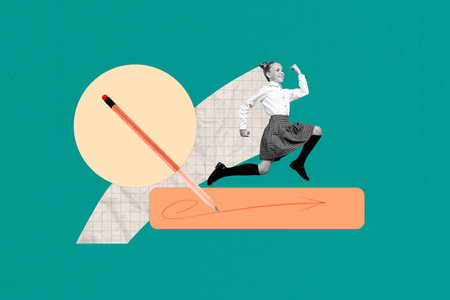 Banner zine 3d poster image photo collage of happy schoolgirl run arrow pen doodle back to school learner september fall seasonの写真素材