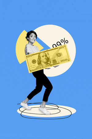 3D collage design composite trend artwork sketch of young woman walk hand hold banknote diagram...