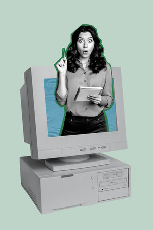 Vertical 3d poster art pop collage of astonished manager girl hold notepad pencil idea peek pc monitor freelancer directorの写真素材