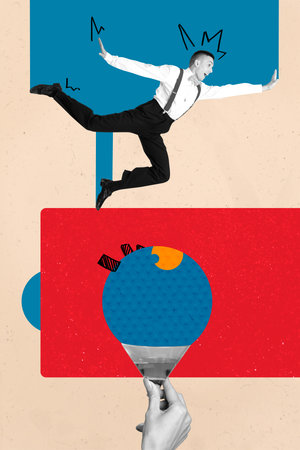 Collage of person standing under symbolic eye representing control surveillance spying manipulation in modern societyの写真素材