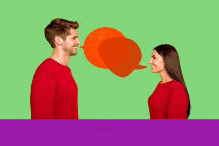 Picture image collage of people speaking speech bubble on green color background