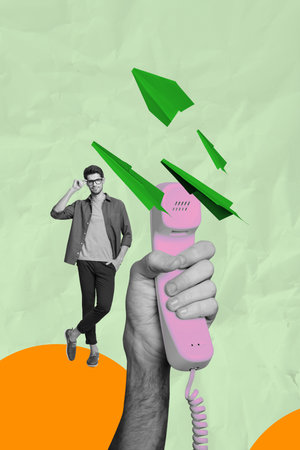 Banner 3d image pop vertical collage of happy girl guy stand hand hold telephone handset telemarketing call center managerの写真素材