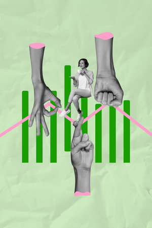 Composite 3d banner art pop image collage of happy businesswoman businessman stand chart statistics goal progress chanceの写真素材