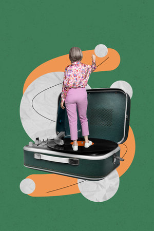Poster of collage of person stand longplay vinyl plate on green backgroundの写真素材