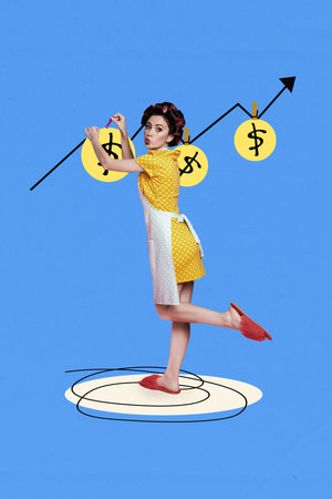 Trend artwork banner sketch 3D photo collage of young lady housewife stand dry money arrow graphics finance income rich money bankの写真素材