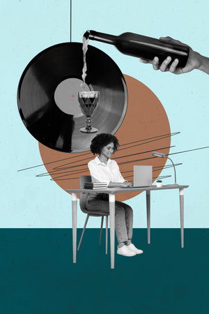 Trendy art creative zine photo collage of happy girl guy enjoy weekend chill alcohol wine bottle glass toast beverage relax occasionの写真素材