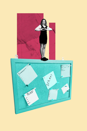 Vertical artwork exclusive collage of happy teenager schoolgirl stand noticeboard sticker memo show heart gesture educationの写真素材