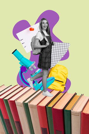 Vertical zine pop trend collage of happy teenager girl stand book carry rucksack microscope biology lesson education suppliesの写真素材