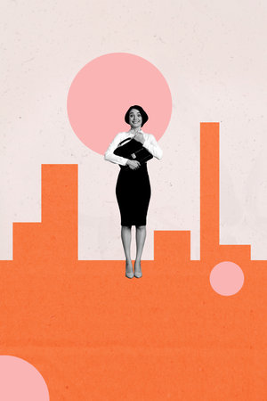 Composite sketch image design trend artwork collage of young businesswoman stand excited face hold suitcase manager hr occupation officeの写真素材