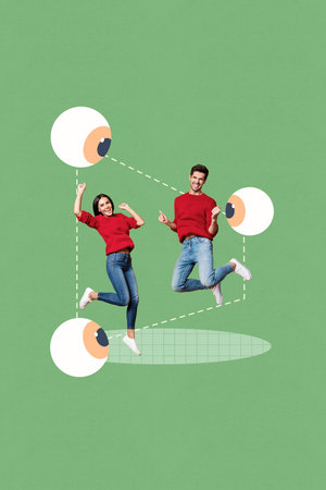 Pop picture collage of person stand jump win under three eyes picture on white color background