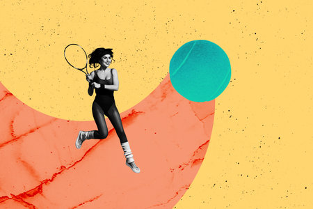 Composite sketch trend artwork collage of young lady play tennis hand hold rocket dynamic healthcare motivation activity workout sportiveの写真素材