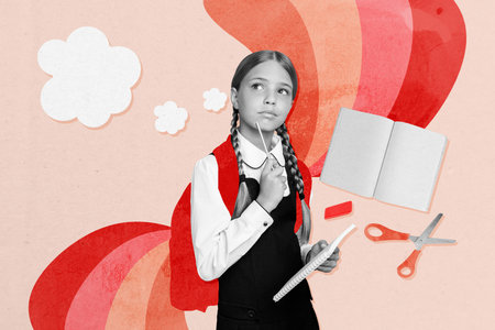 Exclusive image full photo collage of happy dreamy schoolgirl hold notepad pencil cloud dream notebook scissors eraser suppliesの写真素材