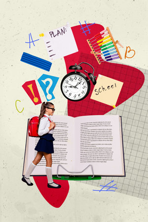 Vertical 3d poster art pop collage of happy schoolgirl walk open textbook plasticine clock abacus...