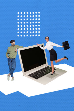 Composite sketch design artwork 3D photo collage of young lady run man hold laptop virtual remote...