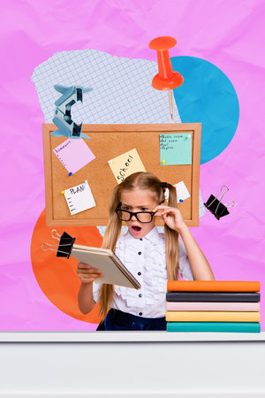 3D photo collage trend sketch template artwork of young girl shocked hold copybook board plan season september student study universityの写真素材