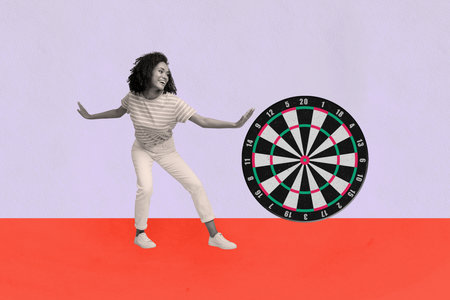 Collage of funny business man woman with darts board and arrow symbolizing goal achievement success aimの写真素材