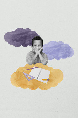 Trend artwork composite banner 3D photo collage of september student study university academic young schoolboy sit smile open notebook penの写真素材