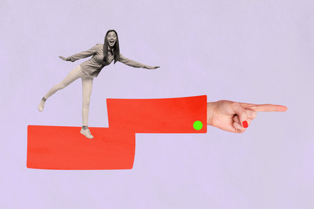 Collage of businessman businesswoman walking on pointing hand and steps symbolizing growth career progressの写真素材