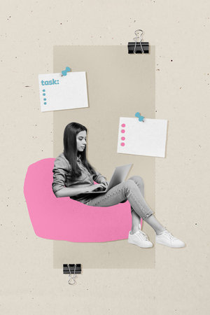 Creative composite collage of office manager young lady sit beanbag type laptop note sticker plan technology digital coding programmerの写真素材