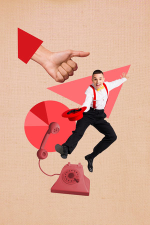 Collage of joyful person next to vintage rotary telephone retro communication device conceptの写真素材