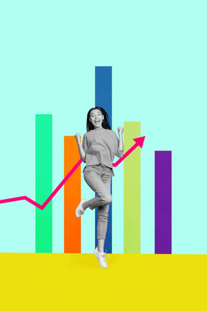 Image pop 3d zine vertical collage of happy businessman businesswoman stand arrow development career chance promotion employeeの写真素材