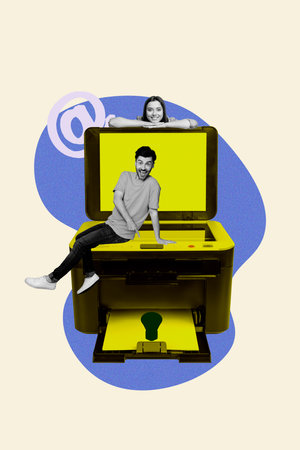 Image zine pop trend collage of happy girl guy business partners sit together laser printer fax supply teamwork photo-copierの写真素材