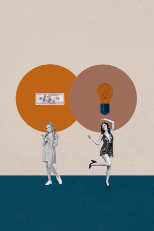 Vertical poster art collage of two happy business partners girl guy stand dollar banknote light bulb profit idea earnings blackoutの写真素材