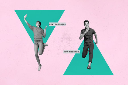 Poster trend collage of people make selfie phone run stand in triangle shape chat new message on...