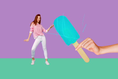 Pop art full zine photo collage of happy girl guy dance ice cream hand hold stick frozen juice summer dessert nutrition tasteの写真素材