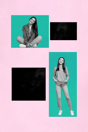Trend template collage of people in square shape chatting on pink backgroundの写真素材