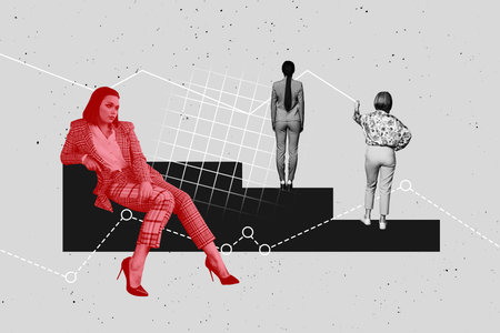 Composite artwork 3D photo collage trend template of businesspeople marketing human resources meeting young lady sit different personの写真素材