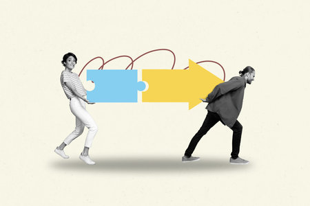 Trend artwork poster sketch image collage of teamwork young lady man walk carry big arrow puzzle match challenge purpose development goalの写真素材